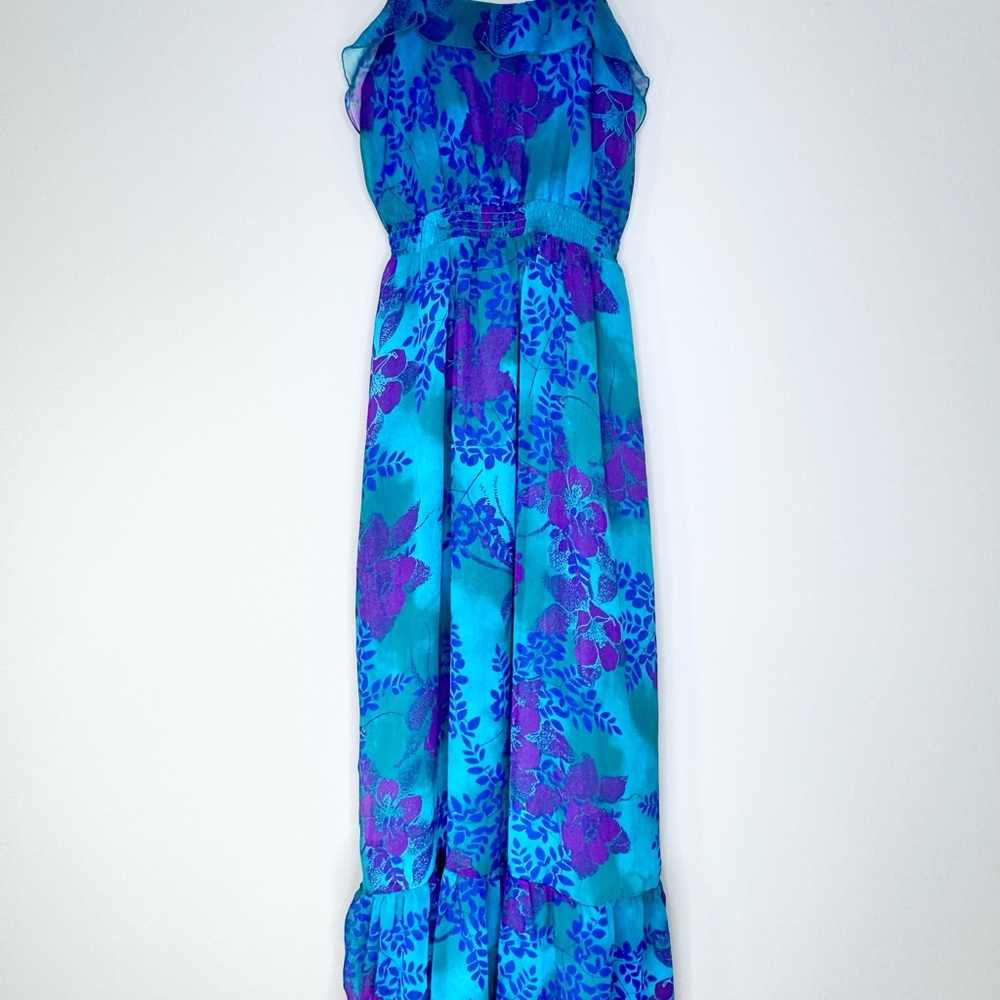 Express Dress Womens Small Teal Blue Floral Maxi Adjustable Straps Ruffle Hem